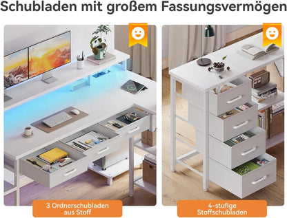 Gaming Tisch RGB LED Schreibtisch L-Form 7 Schubladen Weiß 179.5×135.5cm