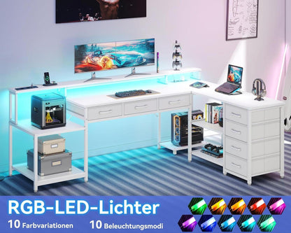 Gaming Tisch RGB LED Schreibtisch L-Form 7 Schubladen Weiß 179.5×135.5cm