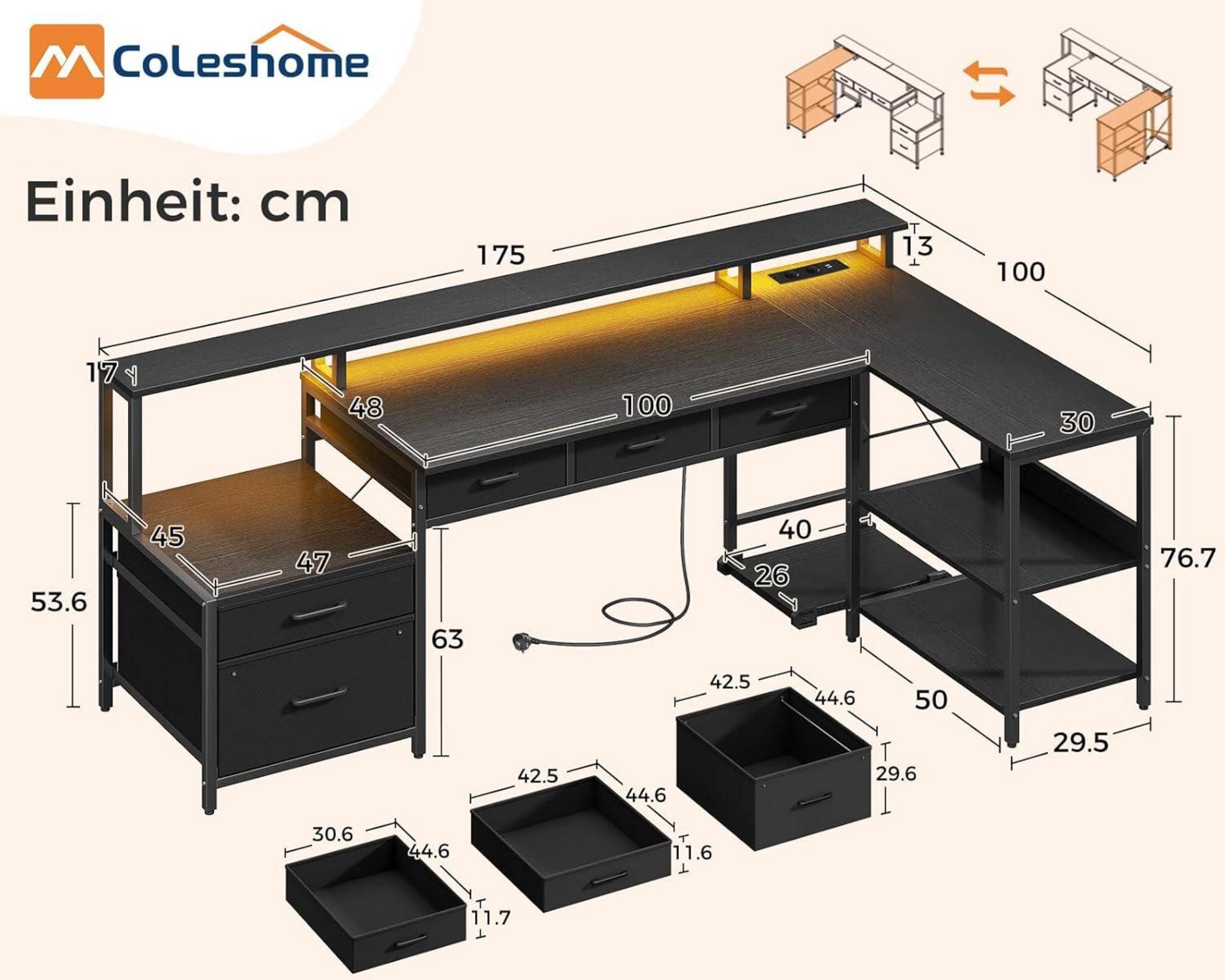 Schreibtisch L Form mit Schubladen, Gaming Tisch LED & Monitorständer