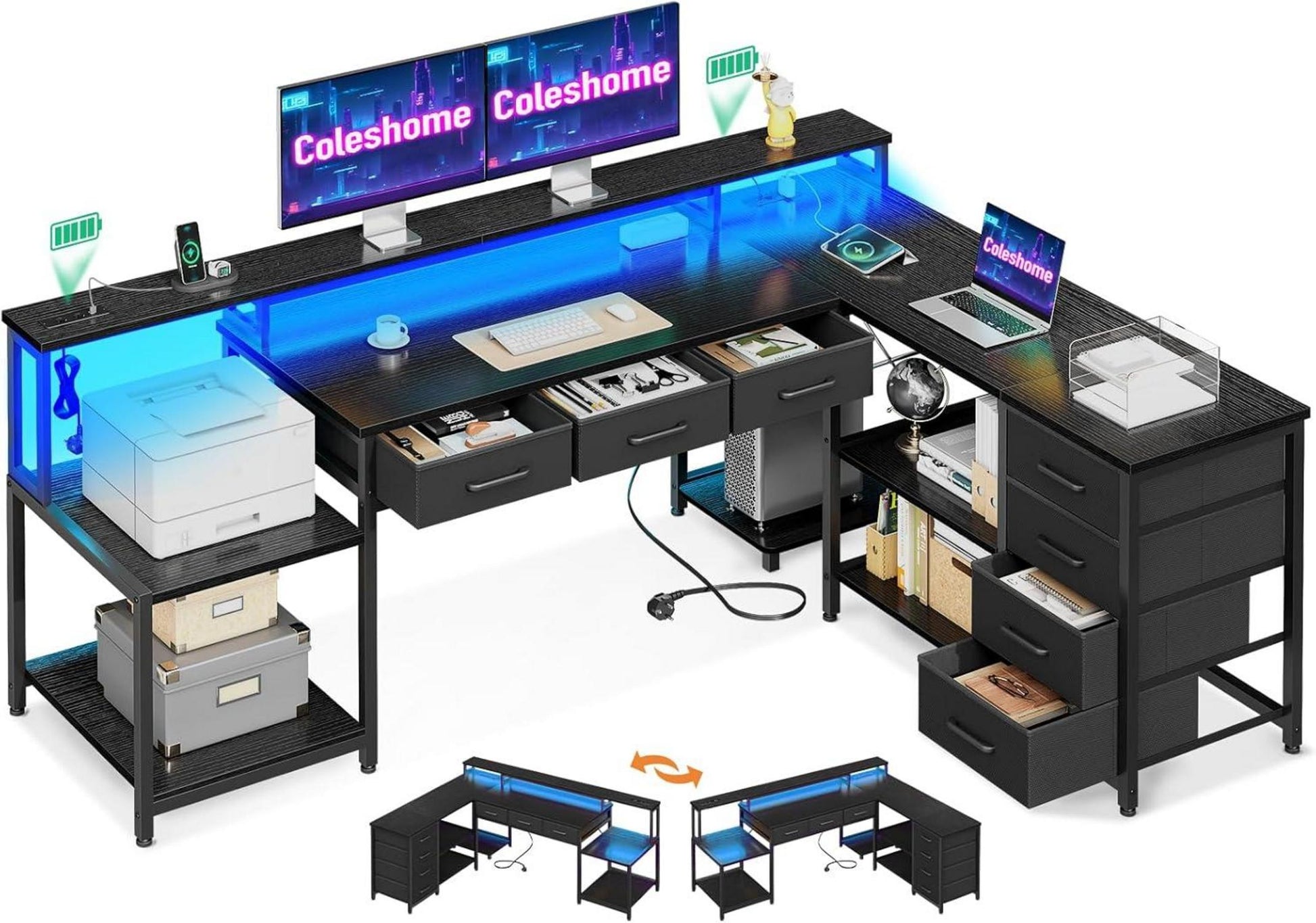 Gaming Tisch mit RGB LED, L-Form Schreibtisch, 7 Schubladen