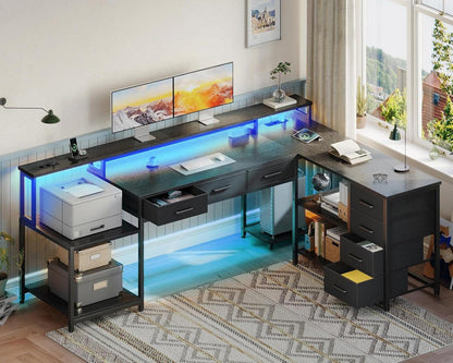 Gaming Tisch L-Form mit RGB LED, 7 Schubladen, Steckdosen