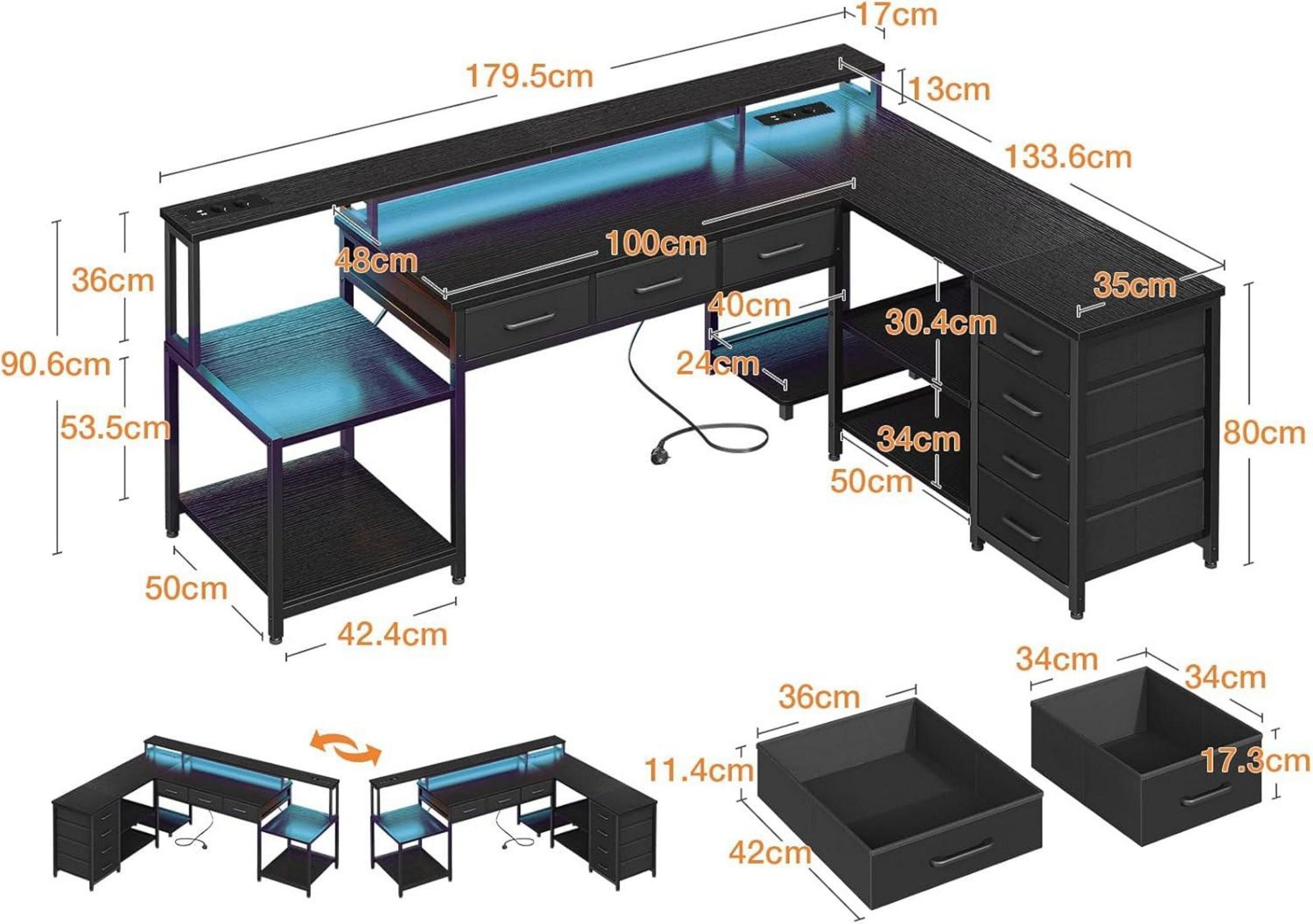Gaming Tisch mit RGB LED, L-Form Schreibtisch, 7 Schubladen