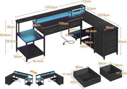 Gaming Tisch mit RGB LED, L-Form Schreibtisch, 7 Schubladen