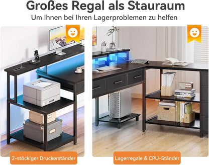 Gaming Schreibtisch mit RGB LED, Reversible L Form, 7 Schubladen, 2 Steckdosen