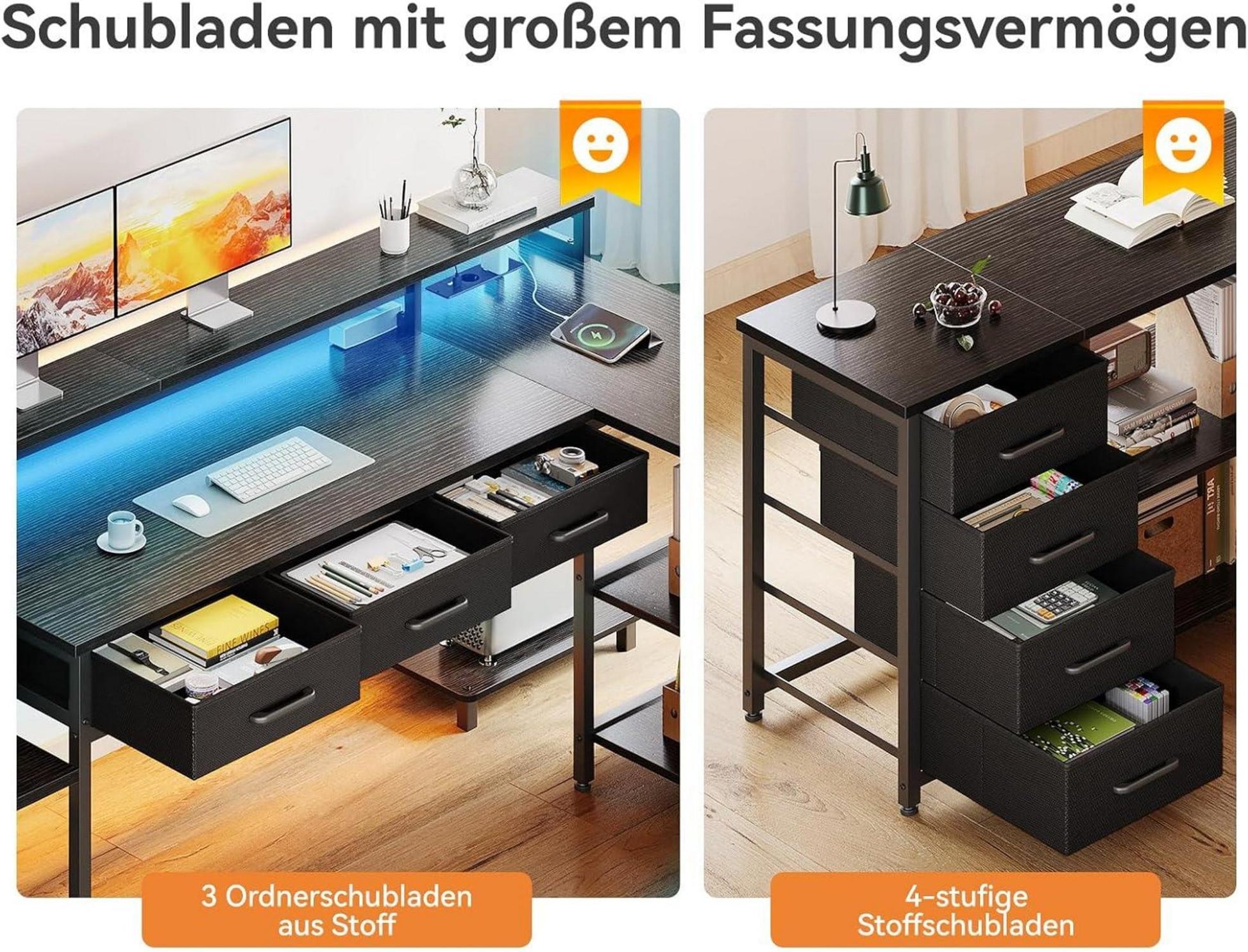 Gaming Schreibtisch LED Stauraum Steckdosen L-Form 179.5x135.5cm Schwarz