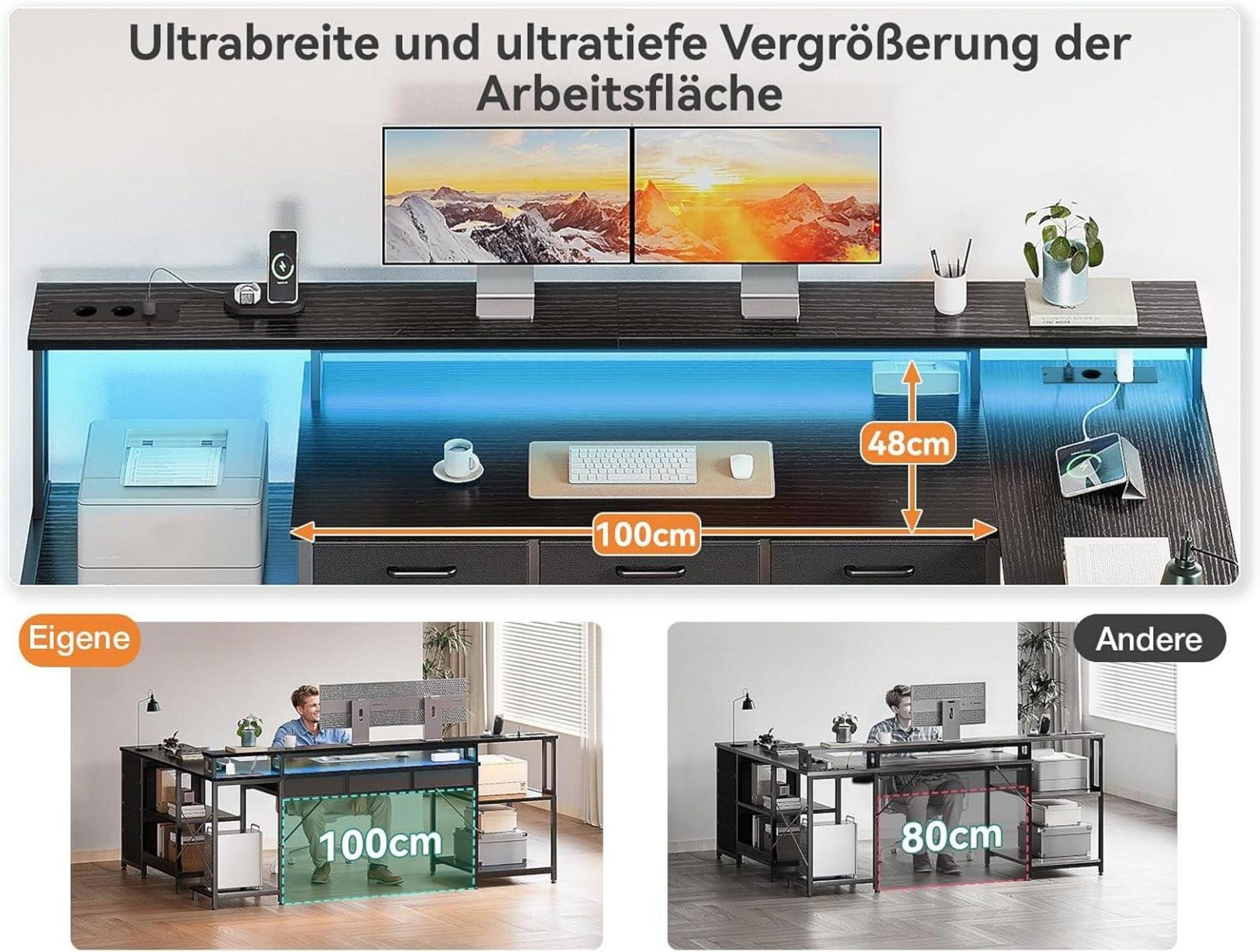 Gaming Tisch 7 Schubladen RGB LED Eckschreibtisch Stauraum L-Form 2