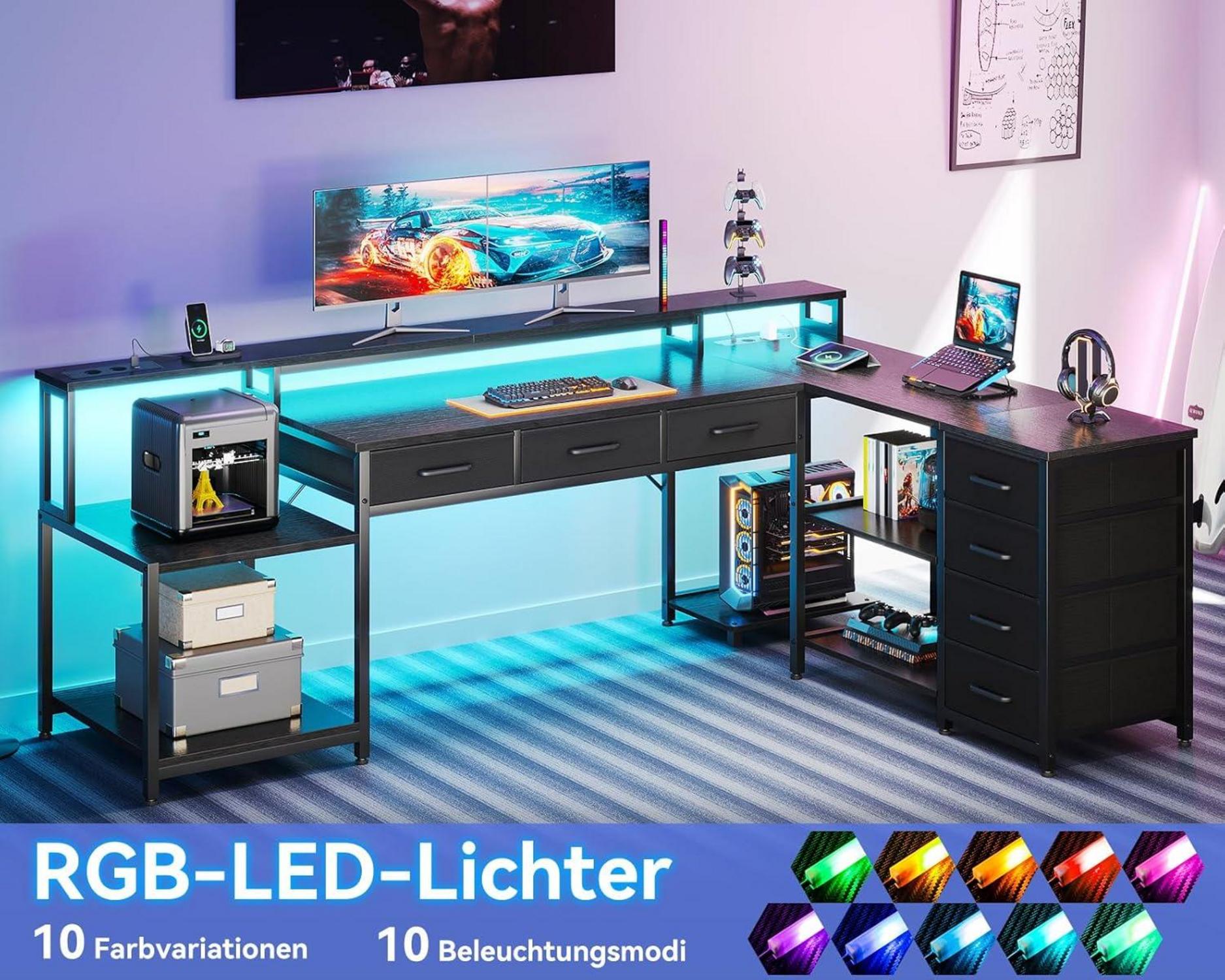 Gaming Schreibtisch LED Stauraum Steckdosen L-Form 179.5x135.5cm Schwarz
