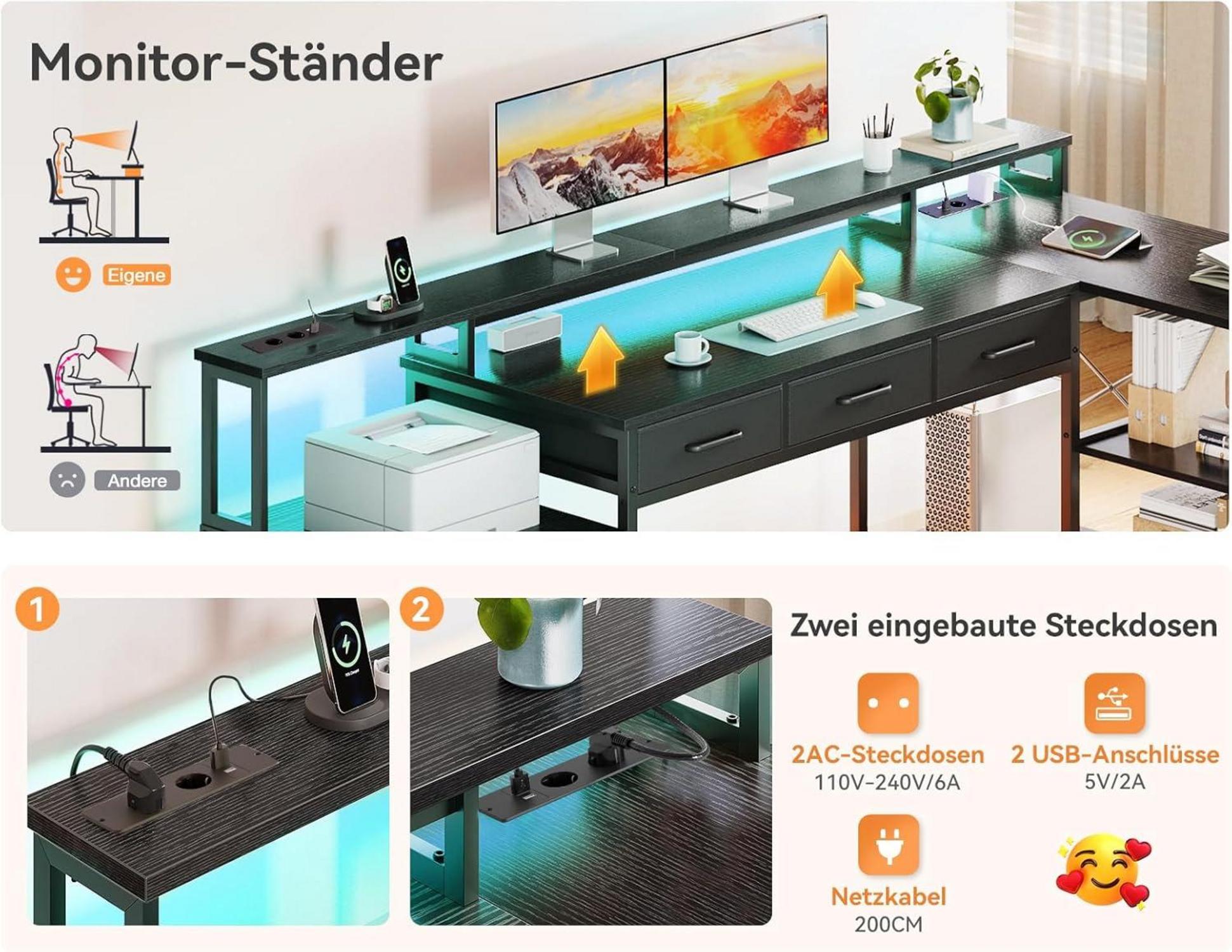 Gaming Schreibtisch mit RGB LED, Reversible L Form, 7 Schubladen, 2 Steckdosen