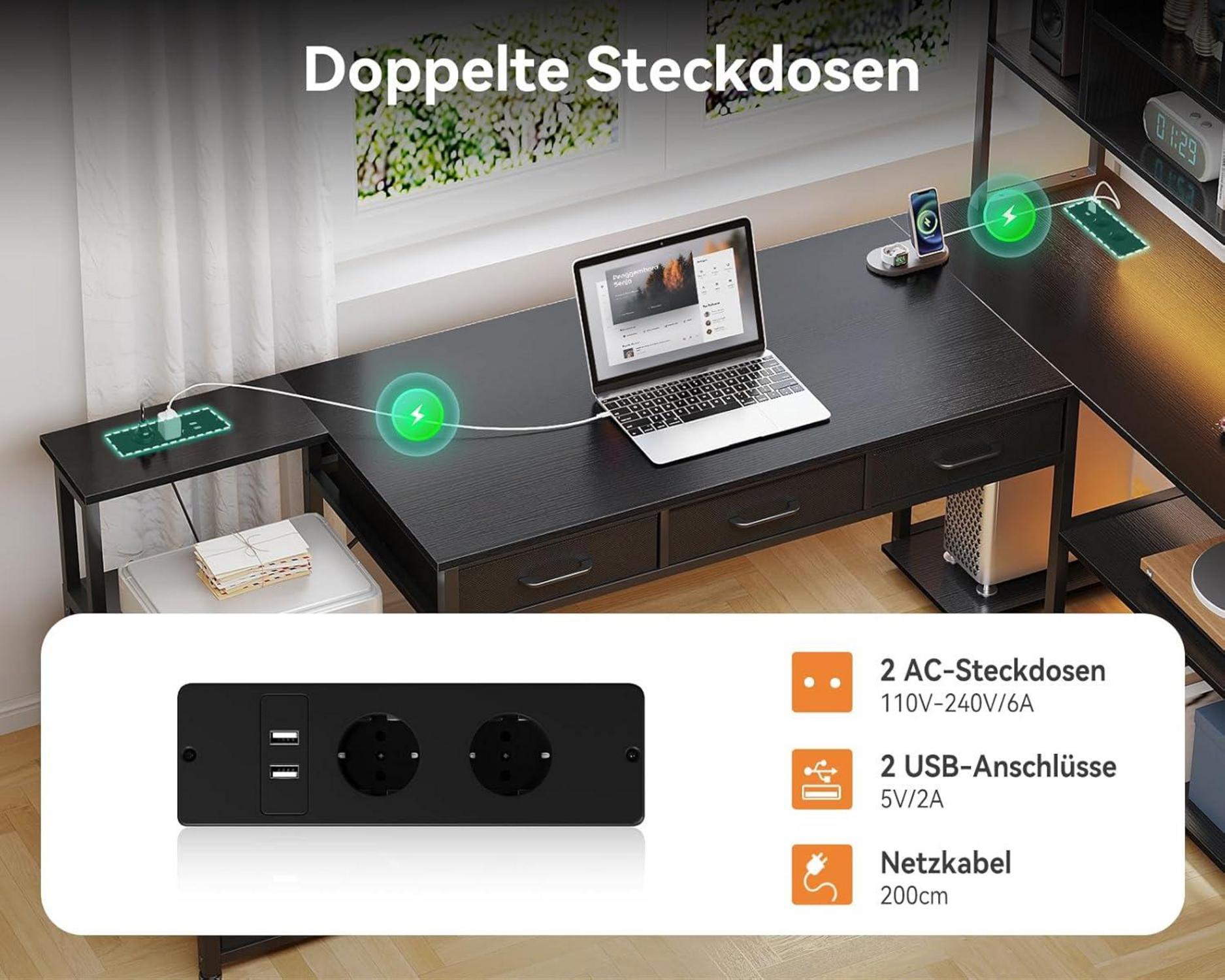 Eckschreibtisch für Homeoffice LED-Beleuchtung Schwarz 180x100cm