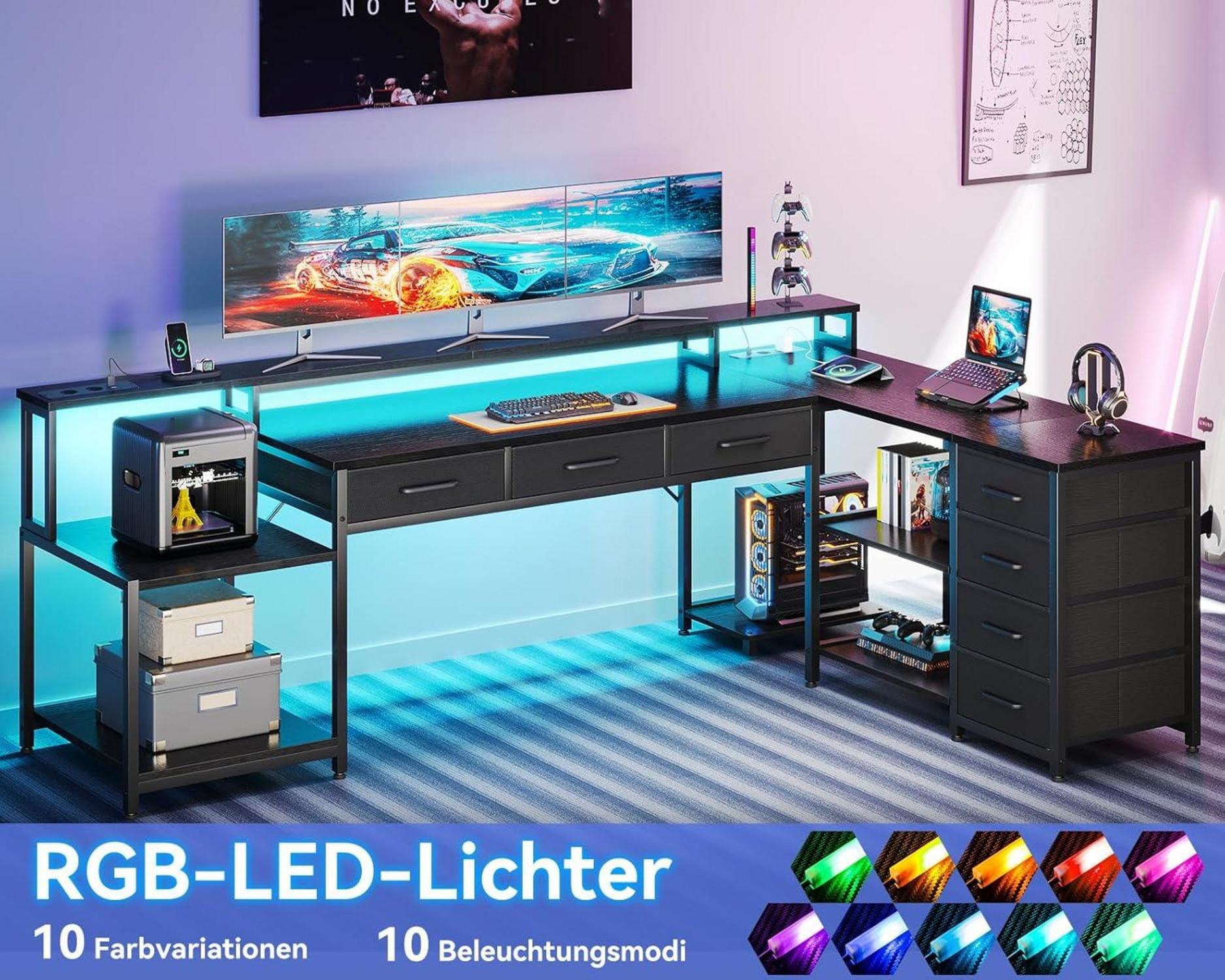 L-förmiger Gaming Schreibtisch 7 Schubladen RGB LED Stauraum 199.5×145.5cm