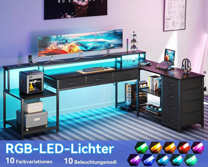 L-förmiger Gaming Schreibtisch 7 Schubladen RGB LED Stauraum 199.5×145.5cm