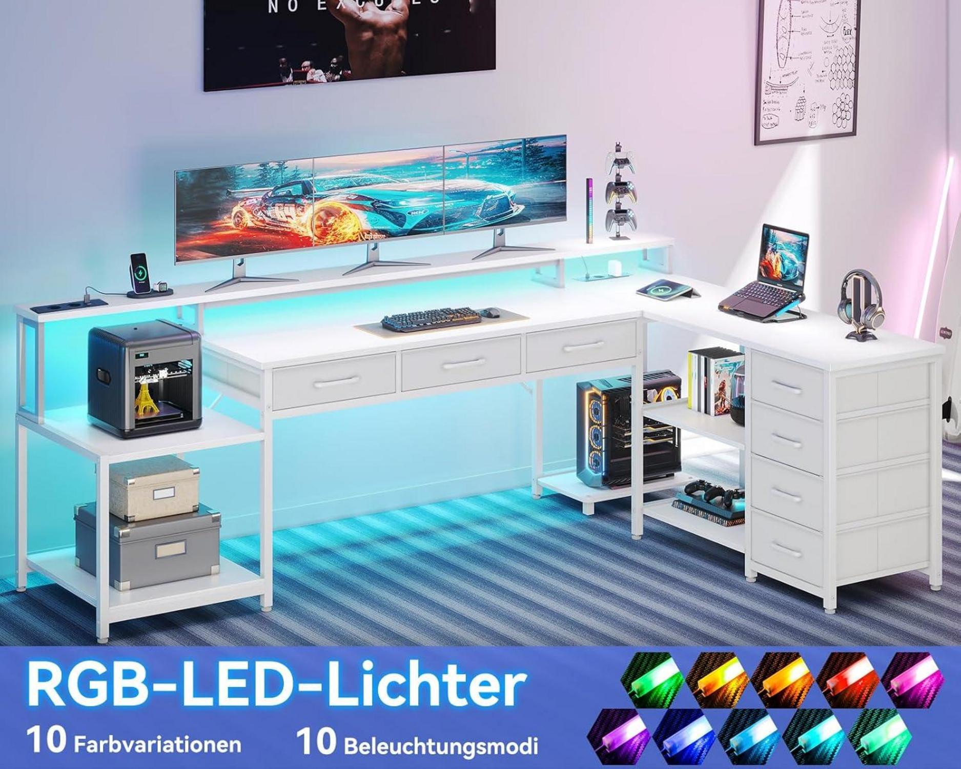 Gaming Schreibtisch LED RGB 7 Schubladen 199.5×145.5cm