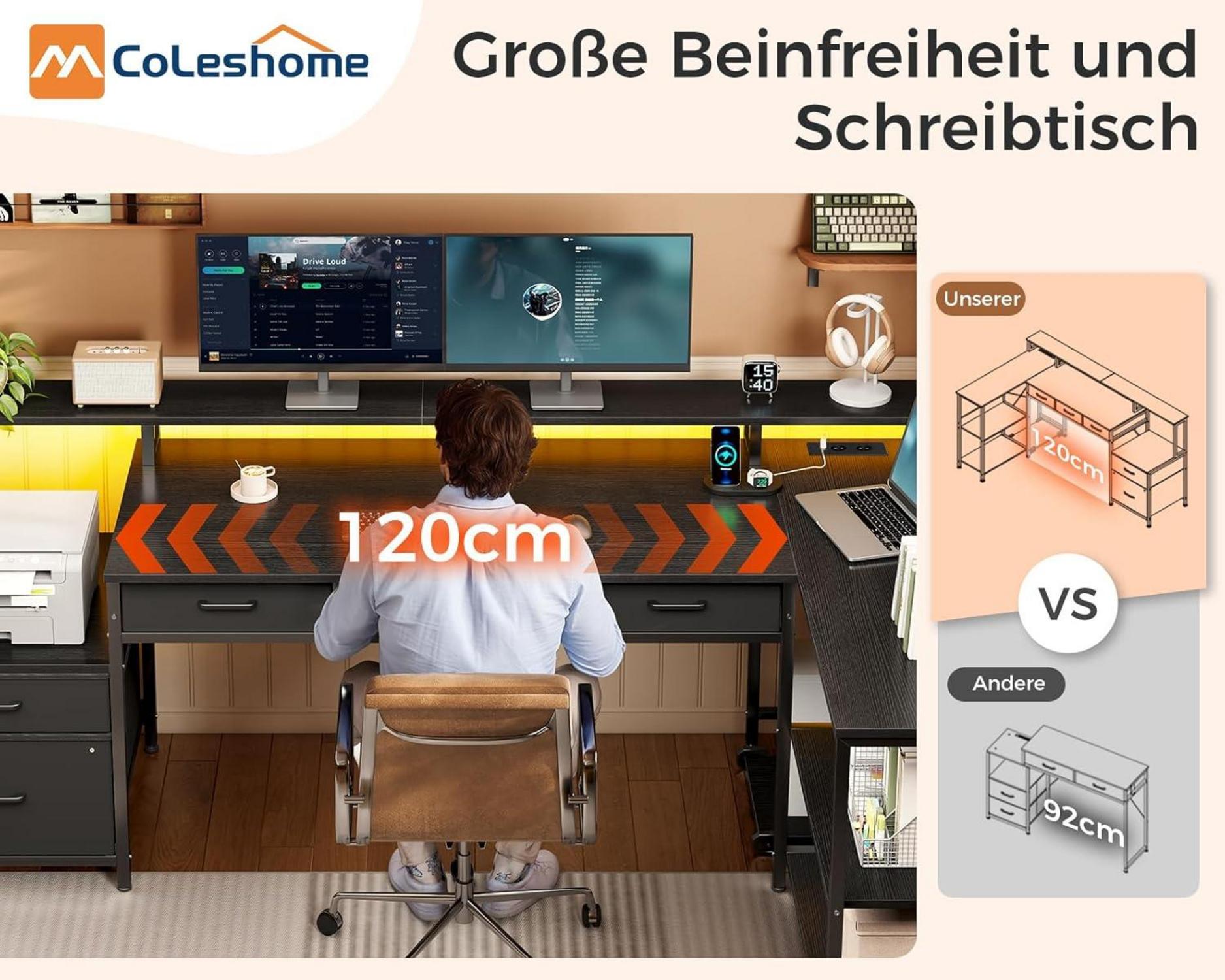 L-förmiger Schreibtisch mit Schubladen, Gaming Tisch 195x100cm LED, Steckdose