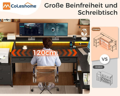 L-förmiger Schreibtisch mit Schubladen, Gaming Tisch 195x100cm LED, Steckdose
