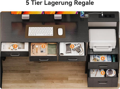 Eckschreibtisch LED USB Steckdosen Schubladen Regale 200x110cm Schwarz
