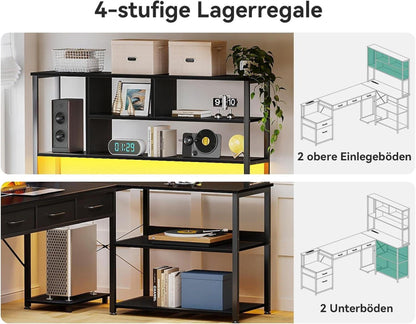 Eckschreibtisch L-Form LED USB Steckdosen 200×110cm Homeoffice Schwarz