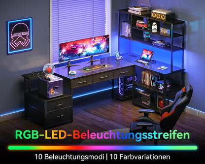 Eckschreibtisch LED USB Steckdosen 200x110cm Schwarz Homeoffice