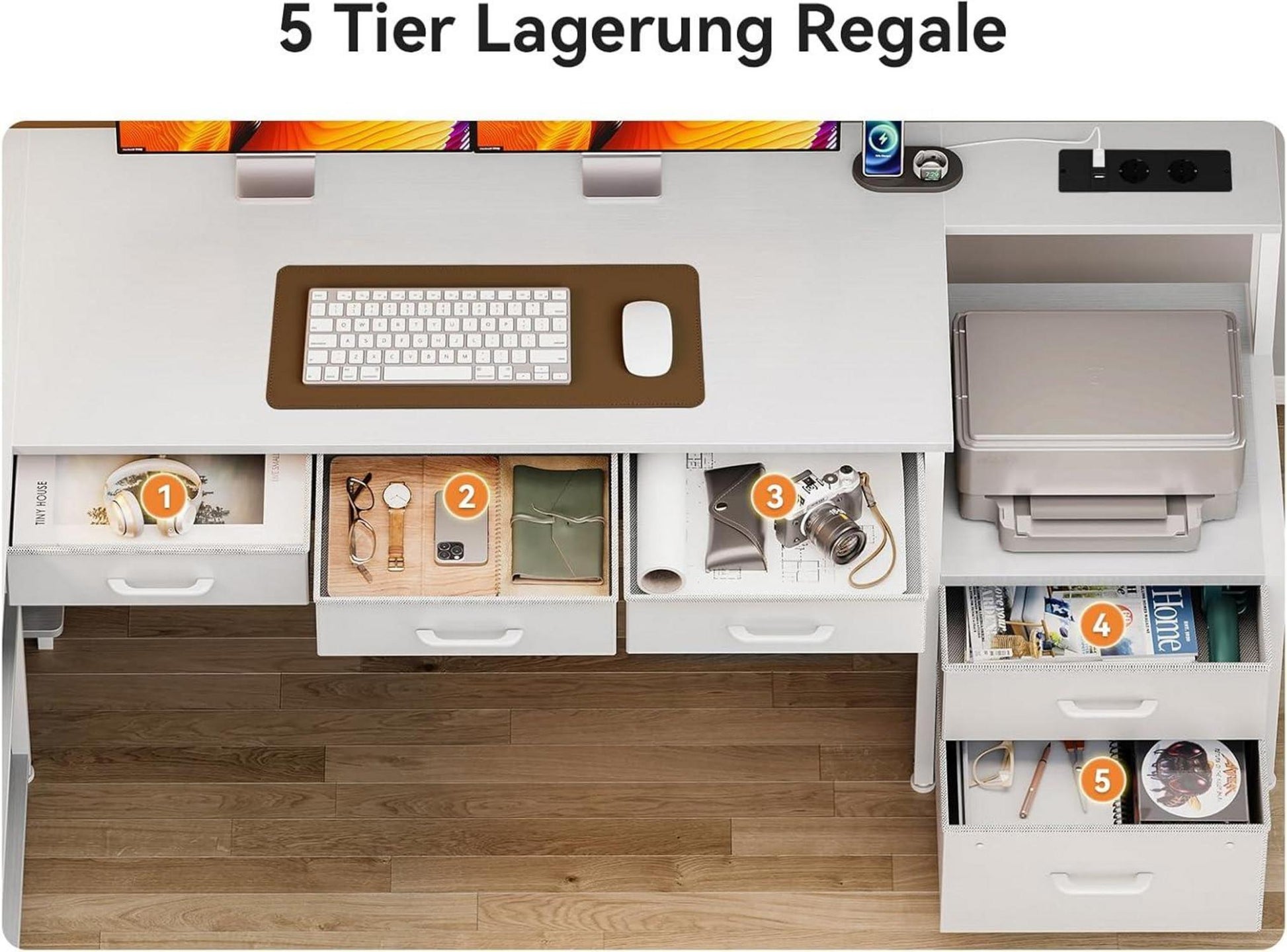 Eckschreibtisch mit LED, Schubladen, Regalen