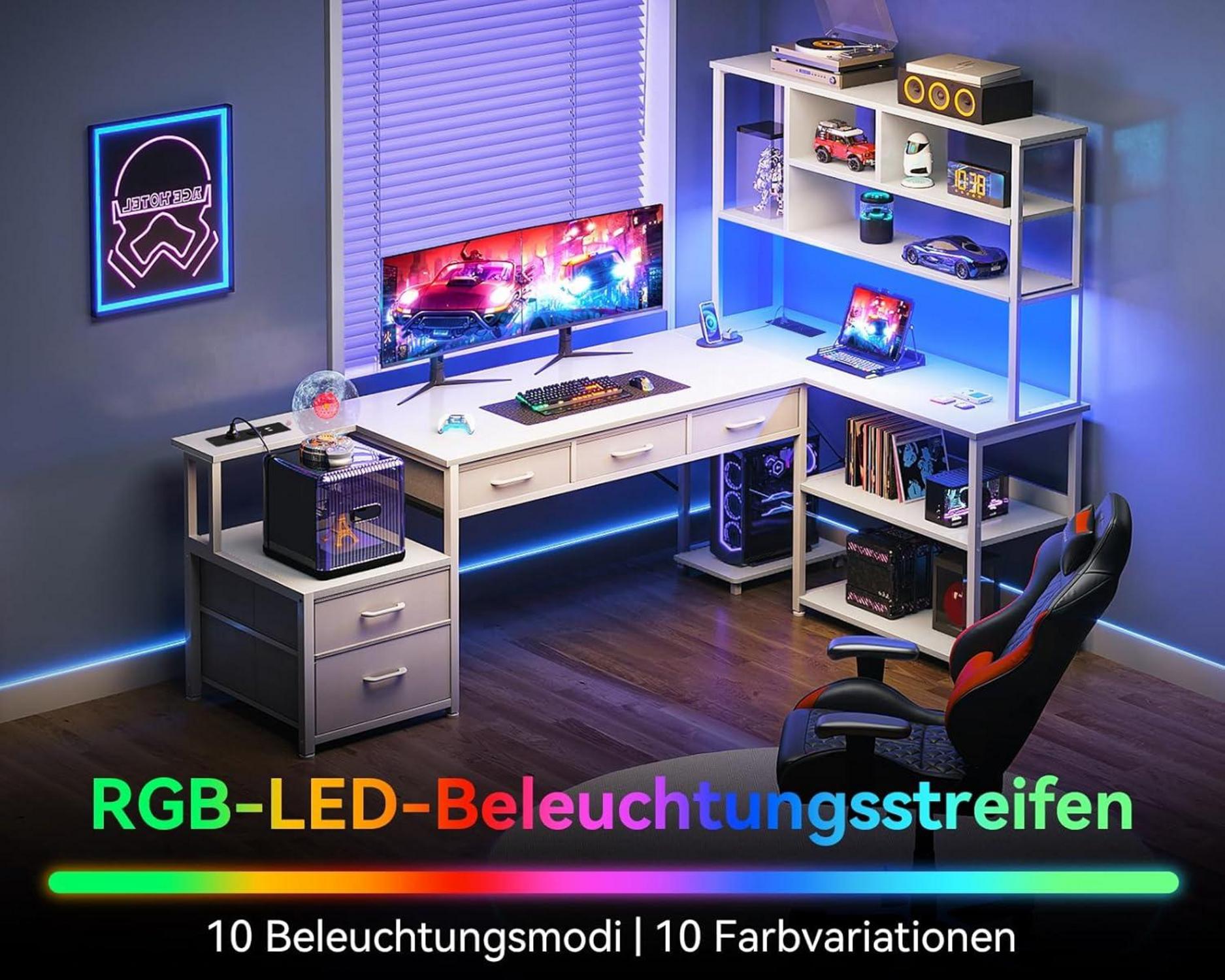 Eckschreibtisch LED Schubladen Regale Steckdosen USB Weiß 180x100cm