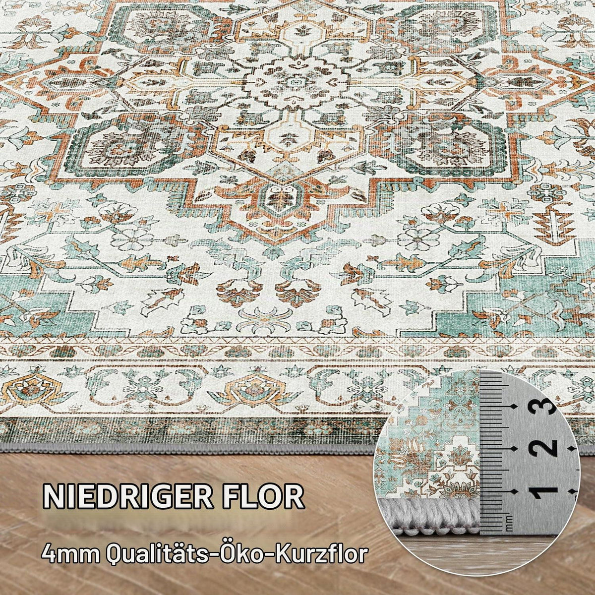 Vintage Teppich Waschbar 200x290cm Hellgrün