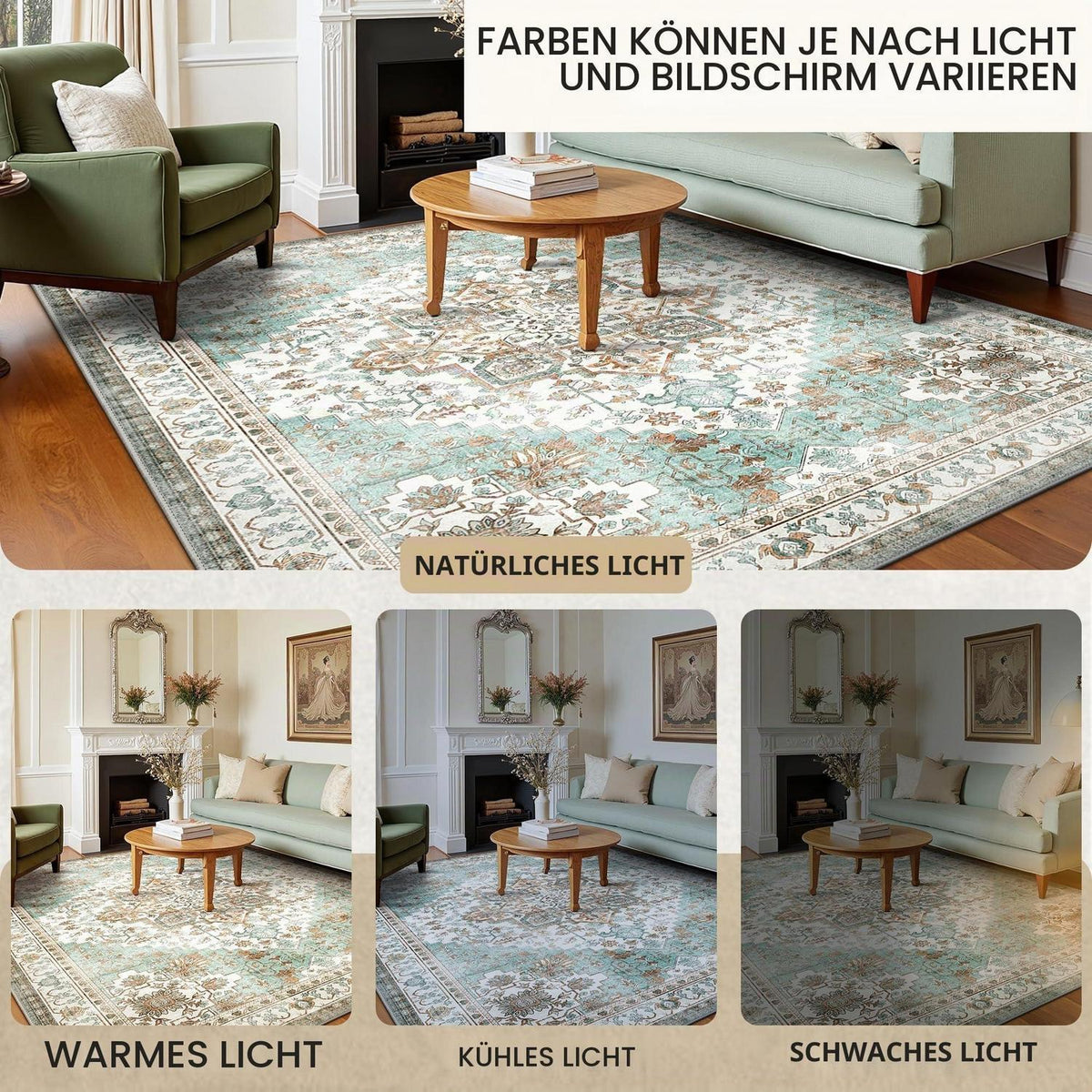 Vintage Teppich Waschbar 200x290cm Hellgrün