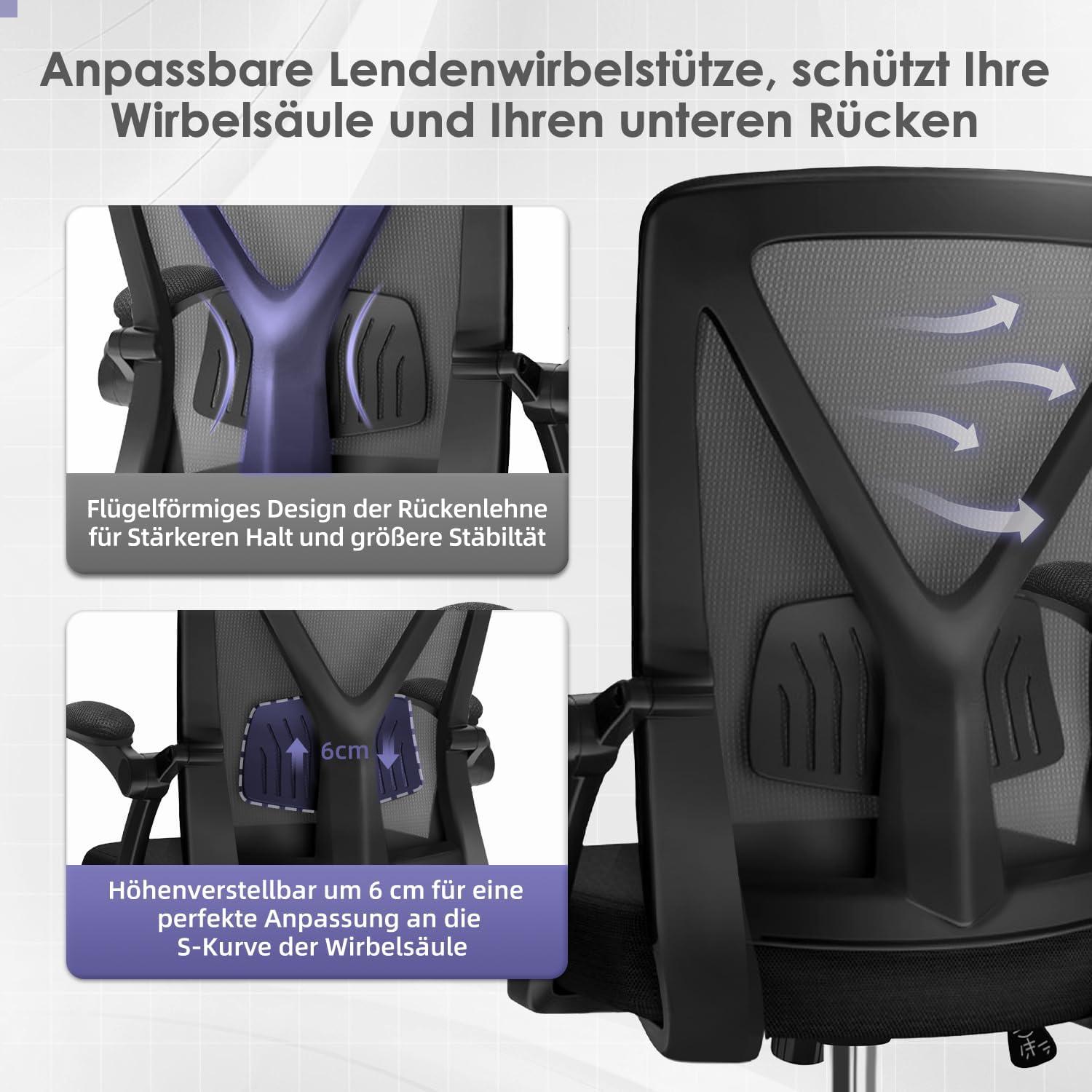 Ergonomischer Bürostuhl mit Einstellbarer Lendenstütze, Schwarz