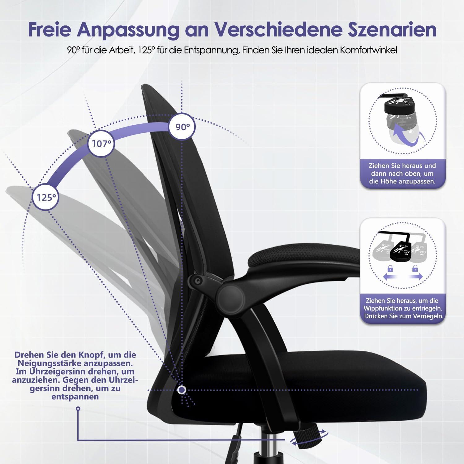Ergonomischer Bürostuhl mit Verstellbarer Lendenstütze, Schwarz