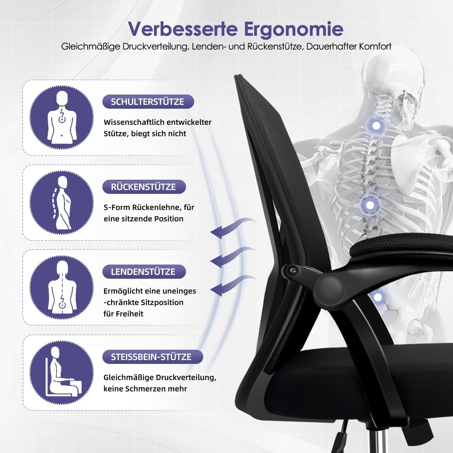 Ergonomischer Bürostuhl Schwarz Lendenstütze Drehstuhl 150kg
