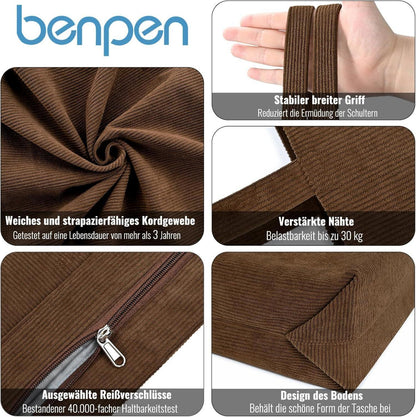Große Cord Tasche Damen mit Reißverschluss - Vielseitige Handtasche & Shopper