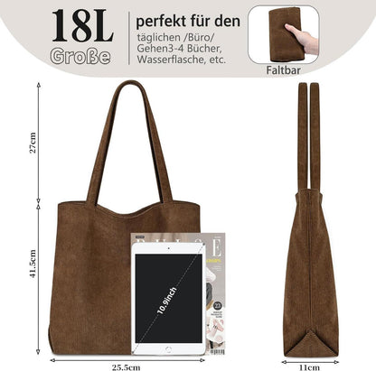 Damen Cord Handtasche Groß Shopper Umhängetasche Tote Bag mit Reißverschluss