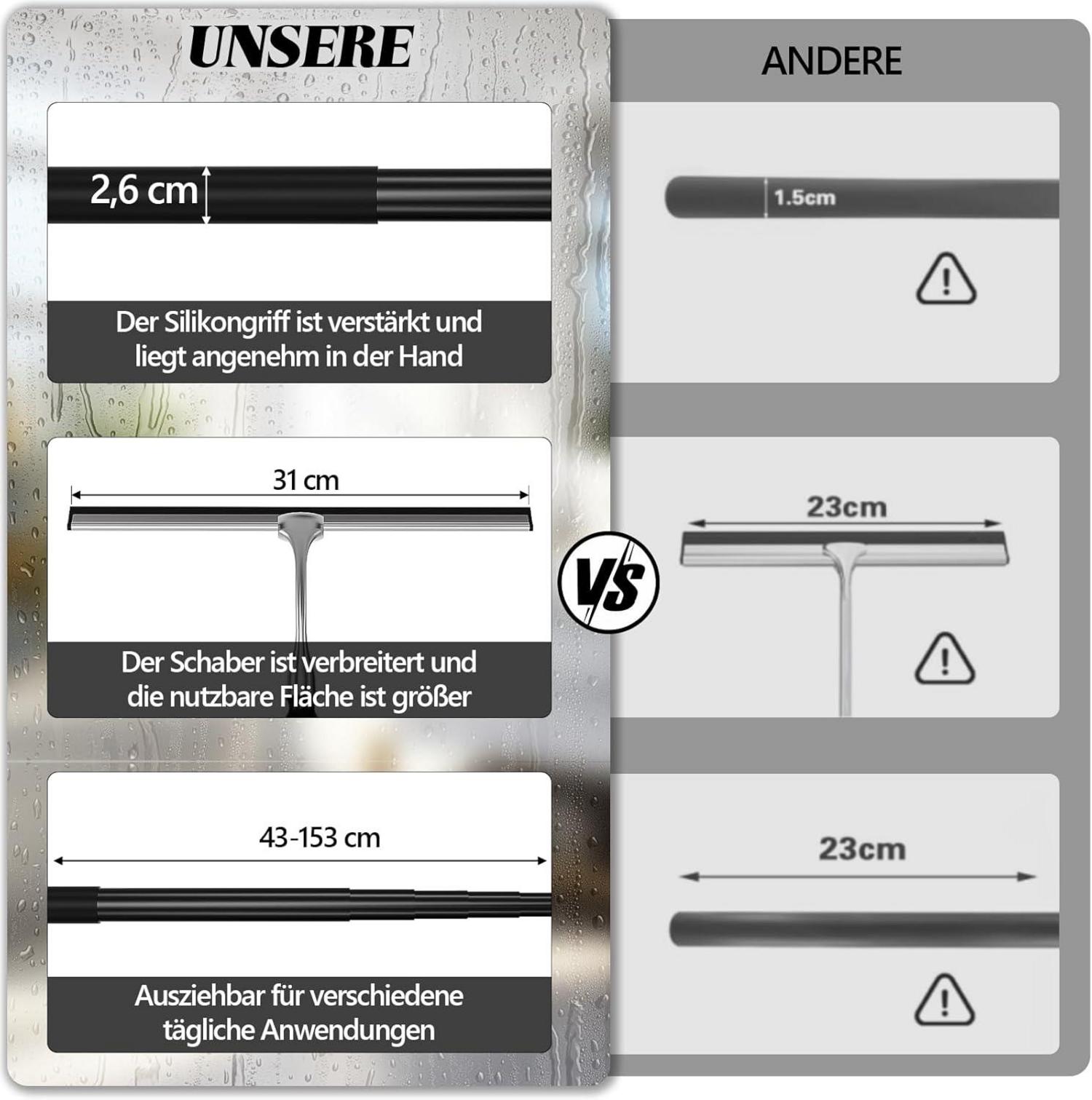 Ausziehbarer Duschabzieher Teleskopstange Schwarz 43-153cm - Duschwischer Duschkabinenabzieher Fensterputzer