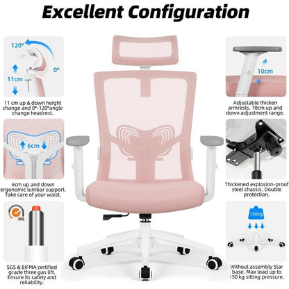 Ergonomischer Bürostuhl mit Kopfstütze und Lendenwirbelstütze Rosa