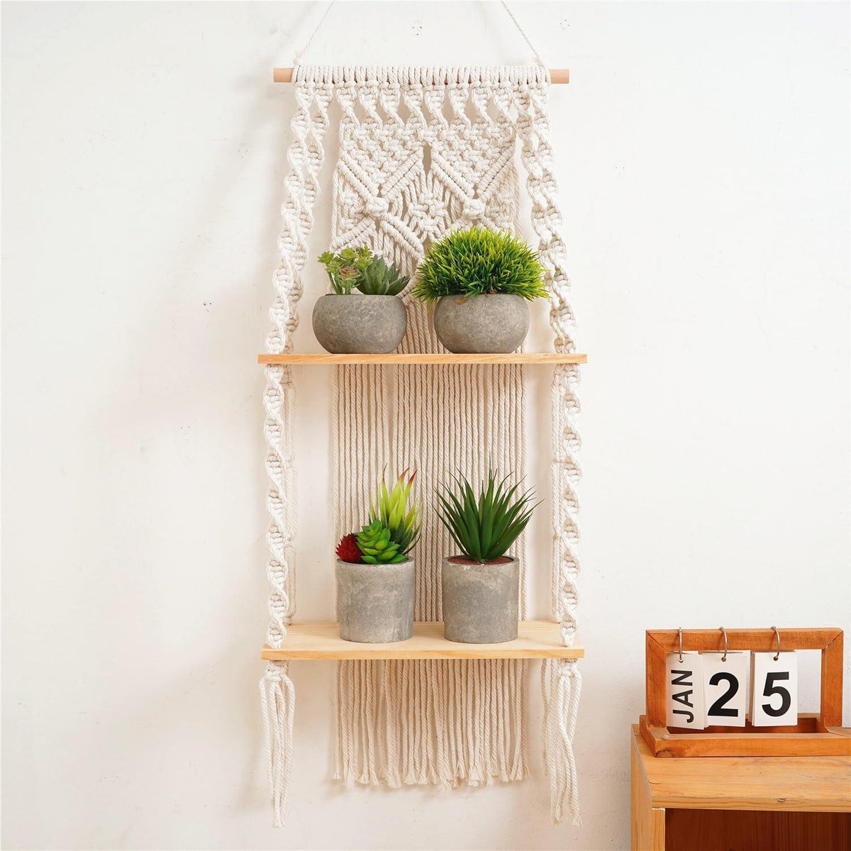 Makramee Wandregal Boho Doppelschicht 30x75cm Naturholz Baumwolle