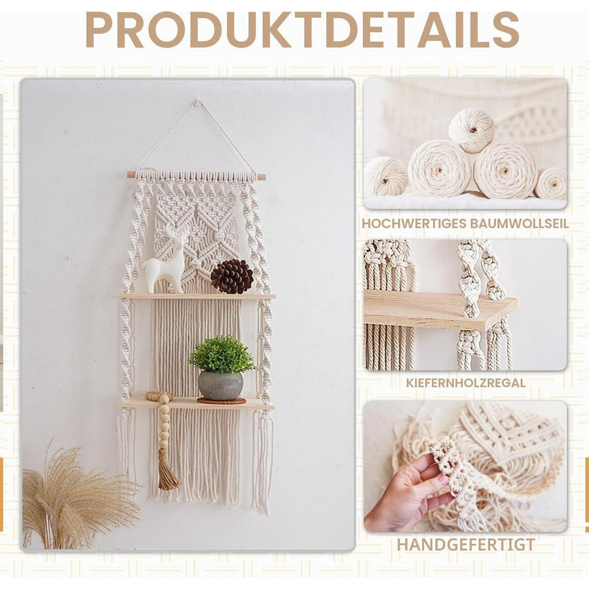 Makramee Wandregal Boho Doppelschicht 30x75cm Naturholz Baumwolle