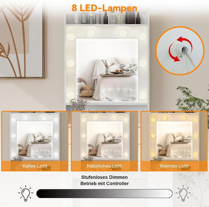 Fullwatt Schminktisch mit LED-Beleuchtung und Steckdose, Kosmetiktisch mit Spiegel, 2 Schubladen, 1 Seitenschrank, Einstellbare Helligkeit, Glasplatte