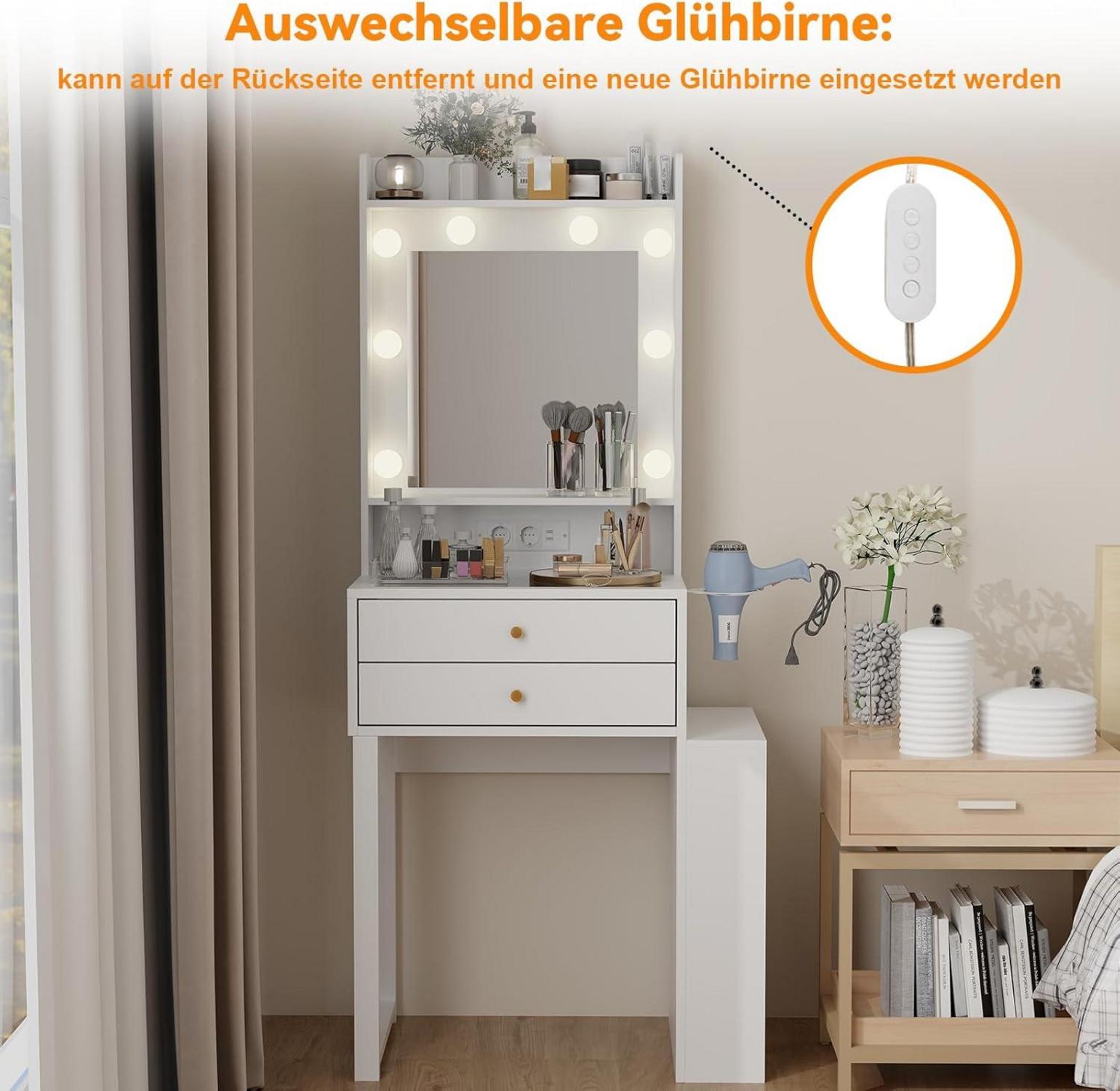 Schminktisch LED Beleuchtung Spiegel Steckdose 2 Schubladen Helligkeit
