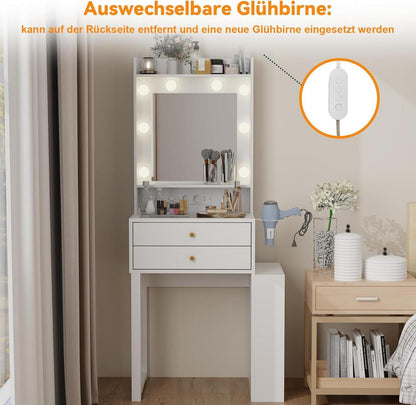 Schminktisch LED Beleuchtung Spiegel Steckdose 2 Schubladen Helligkeit