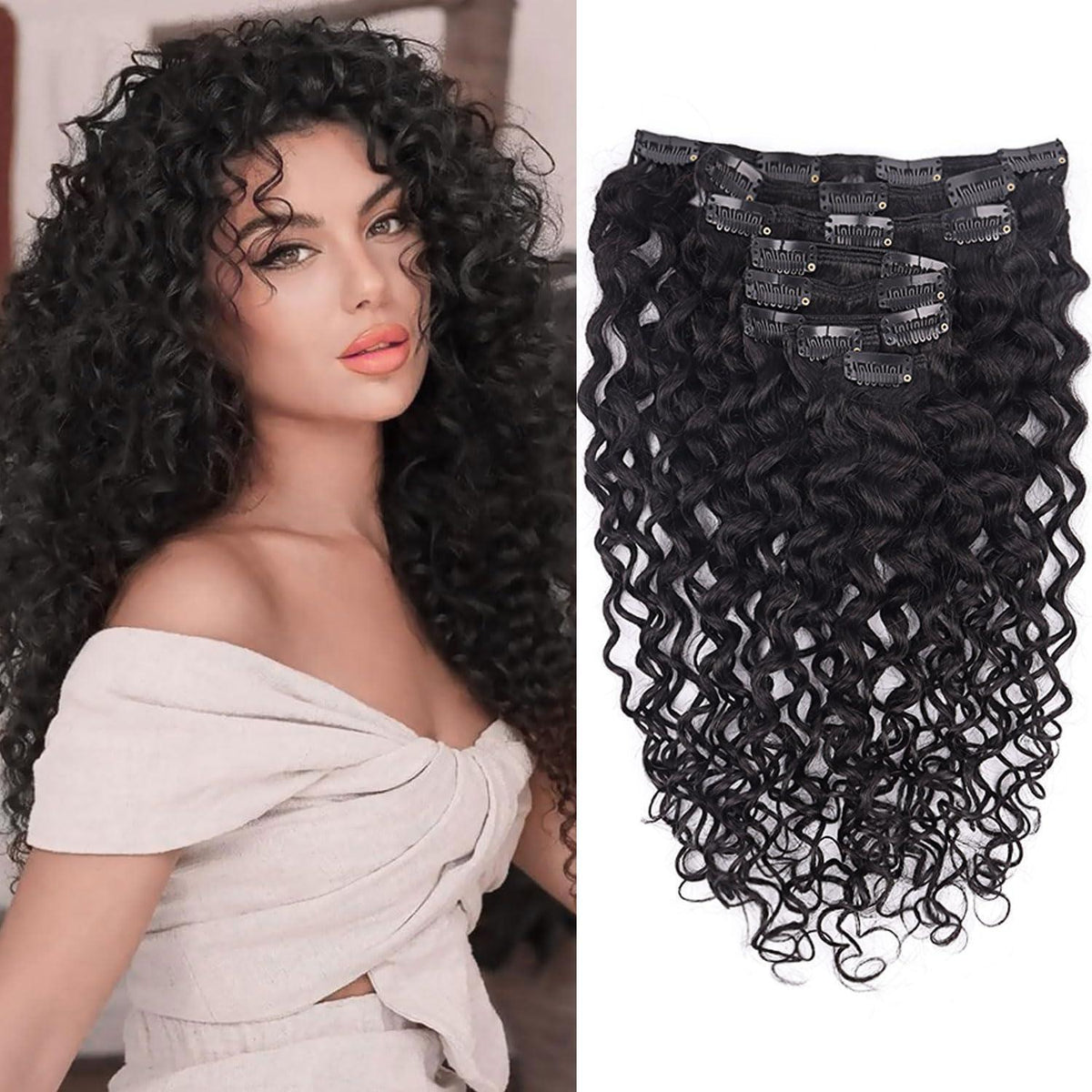 Kinky Curly Clip-in Haarverlängerung Echthaar 55cm Schwarz