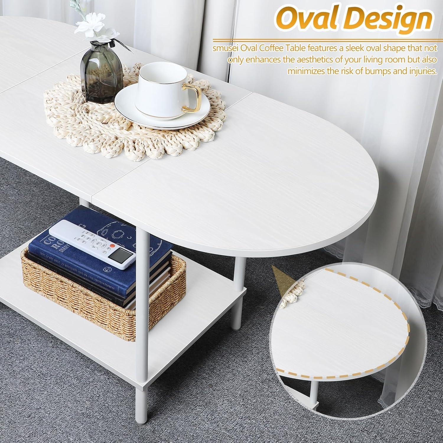 Ovaler Couchtisch Weiß 2-stufiges Ablageregal Holz Metall