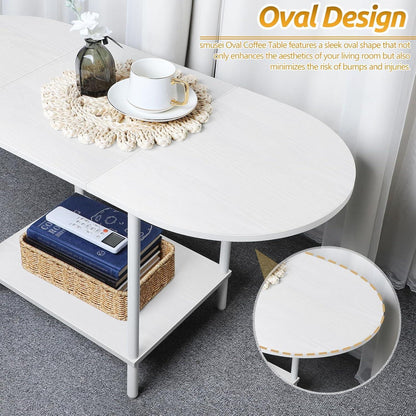 Ovaler Couchtisch Weiß 2-stufiges Ablageregal Holz Metall