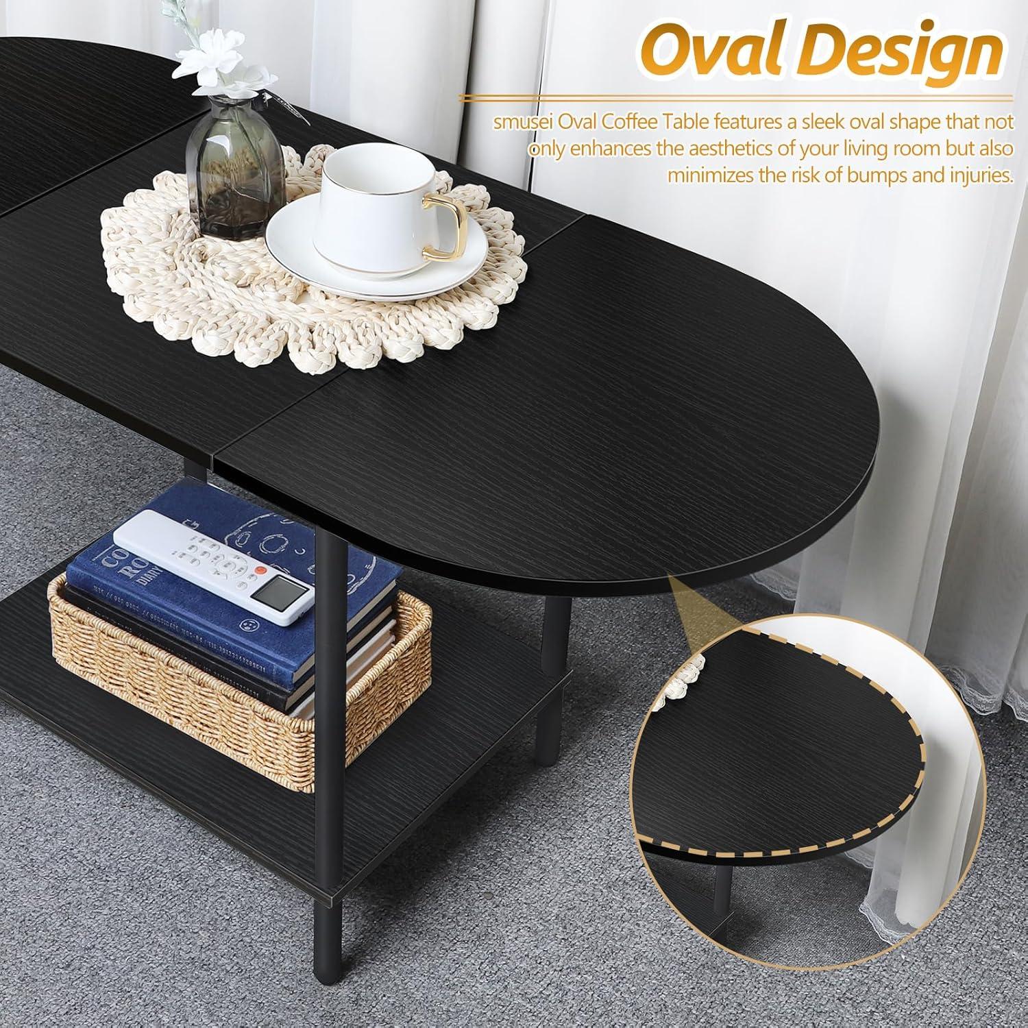Schwarzer Ovaler Couchtisch Holz Metallrahmen 2-stufig Ablagefach