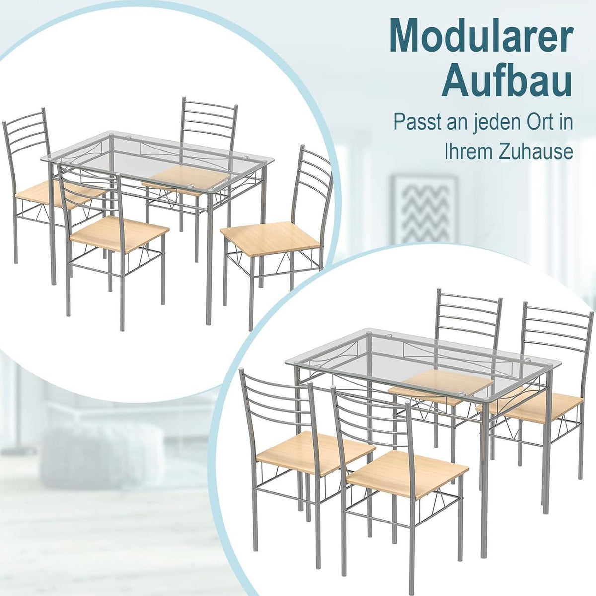 5-teiliges Esszimmer Set mit Glastisch & Stühlen