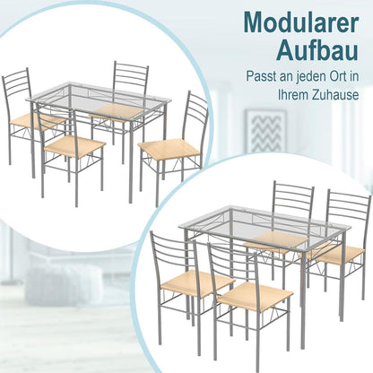 5-teiliges Esszimmer Set mit Glastisch & Stühlen