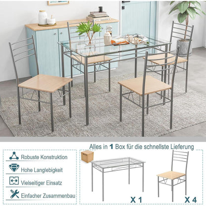 5-teiliges Esszimmer Set mit Glastisch & Stühlen