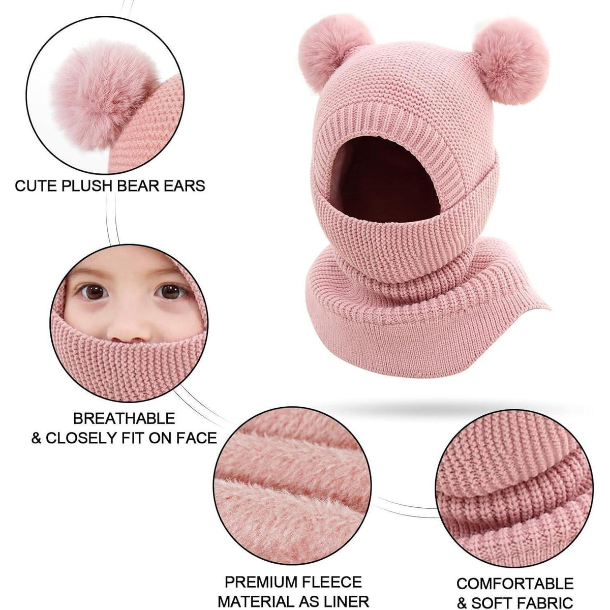 Winter Sturmhaube Kinder 2-5 Jahre, Warm & Winddicht Rosa