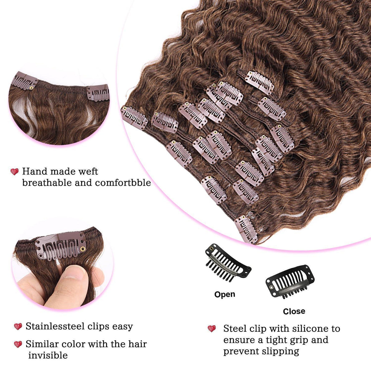 Deep Curly Echthaar Clip-Ins Dunkelbraun 55cm