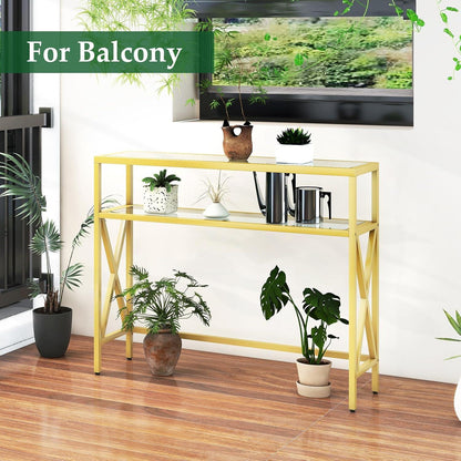 YMYNY Konsolentisch Gehärtetes Glas Sofa Regal Gold 101×25×80.5CM