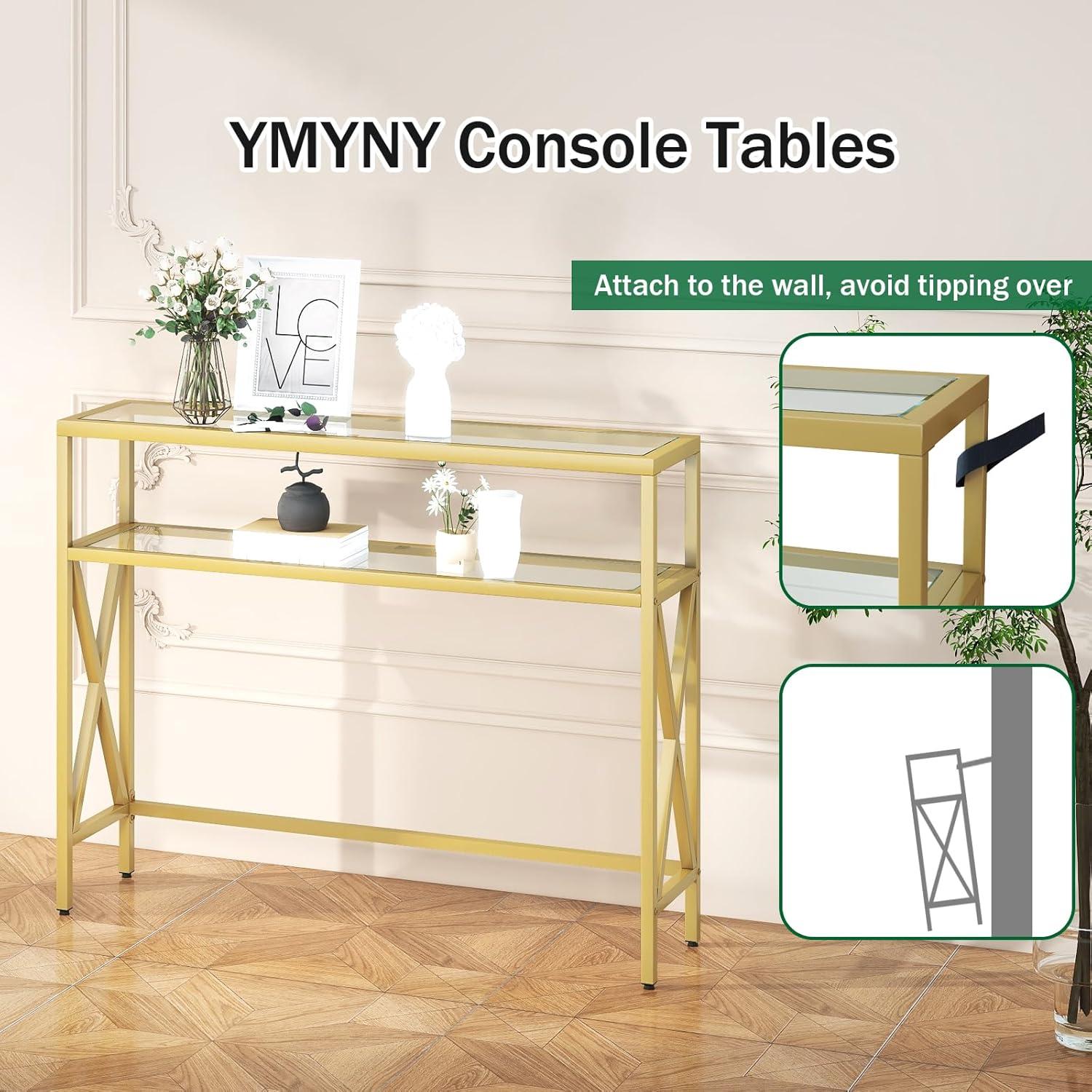 YMYNY Konsolentisch Gehärtetes Glas Sofa Regal Gold 101×25×80.5CM