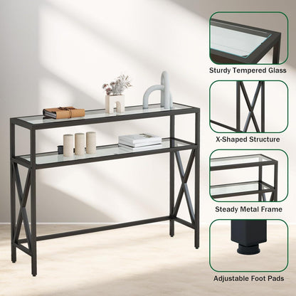 Glas Konsolentisch Industrieller Sofatisch mit Regalen 101x25x80cm Schwarz