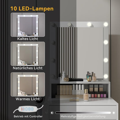 Schminktisch mit LED-Beleuchtung, Kosmetiktisch Weiß Gold